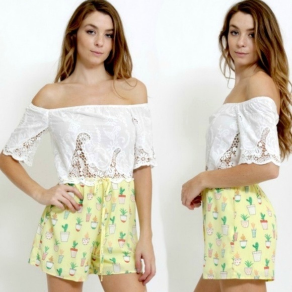 Cactus print Off the Shoulder Shorts Romper - Picture 2 of 3